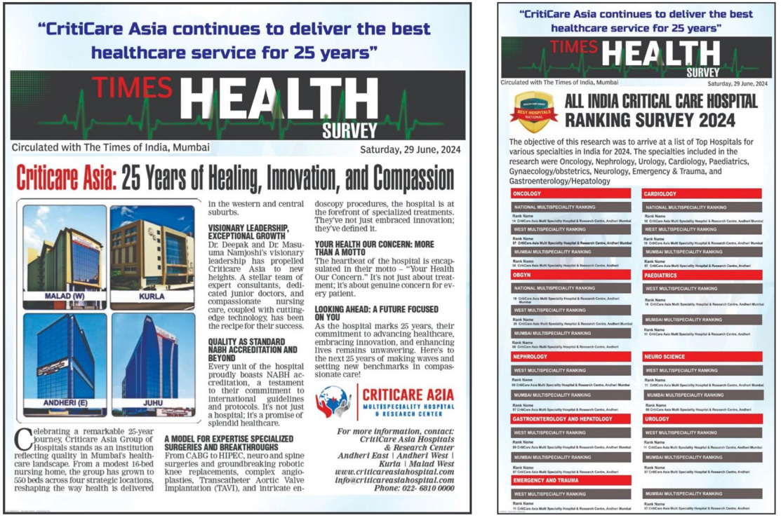 Times Health Ranking Survey 2024: All India Critical Care Hospital